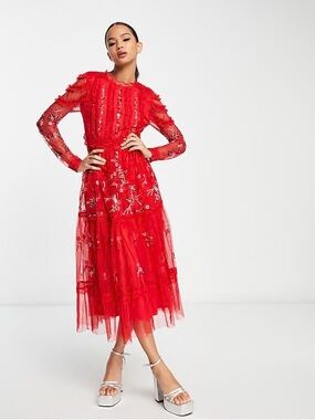 FROCK & FRILL Embroidered Tulle Midi Dress